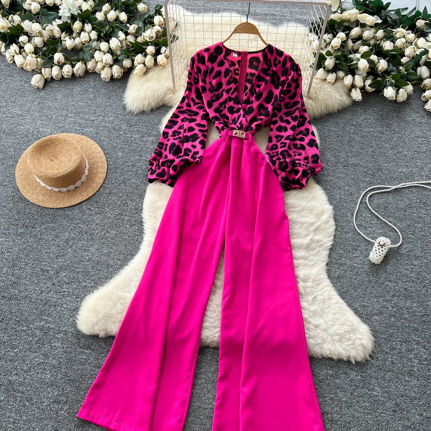 SINGREINY Autumn Leopard Long Jumpsuits V Neck Long Sleeves Belt Wide Legs Pants Women American Retro Senior Office Lady Rompers