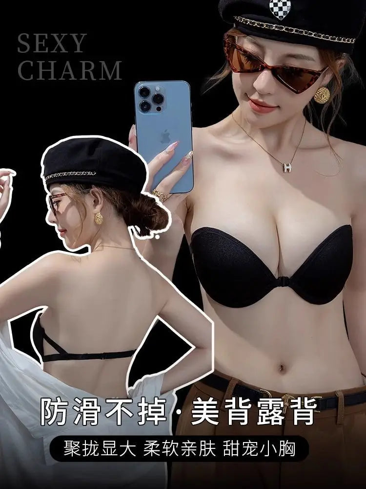 Summer hot item front buckle strapless anti slip underwear for women with small breasts, big gathering text bra, invisible strap