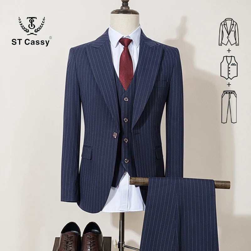 ST Cassy 高品質ブラックストライプスーツ スリムフィット 豪華でエレガントなメンズビジネススーツ 結婚式ファッション服 3点セット