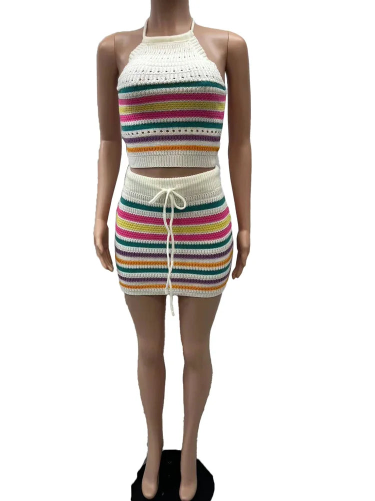Beyprern Elegant Striped Knitthing Two Piece Set Women Halter Lace-Up Crop Top + Matching Shorts Set Beach Swimsuits 2 Piece Set