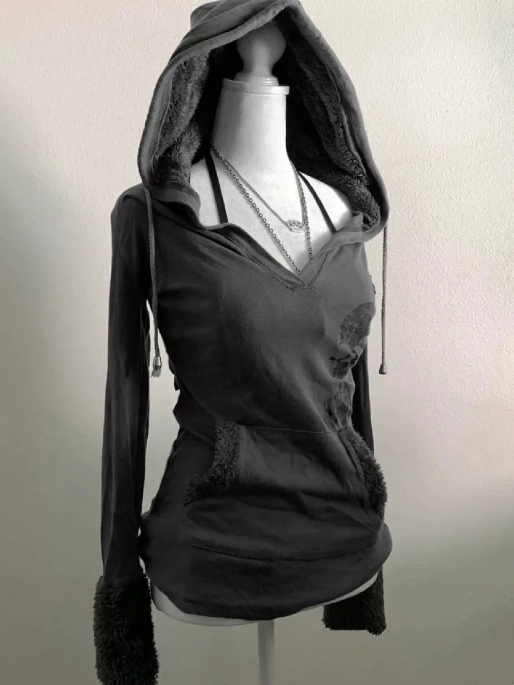 Y2K Retro Gray Pullover Lamb Wool Hooded Sweatshirt Women Clothes Harajuku Hot Girl Slim Sweatshirt Autumn Winter Goth Sexy Tops