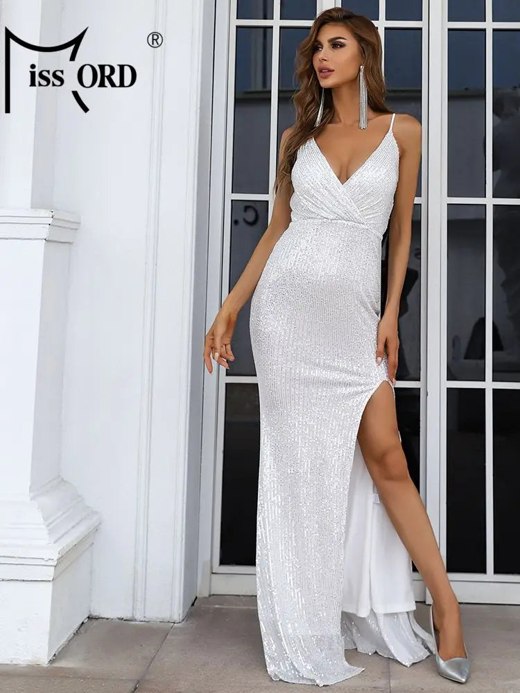 Missord White Sequin Guest Wedding Party Dresses Women Spaghetti Strap V-Neck Thigh Split Prom Evening Dress Elegant Long Gown