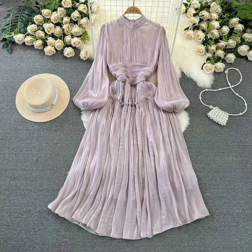 Elegant Long Sleeve Midi Party Dresses Women Summer Autumn Bright Faux Silk Retro Solid Evening Party Vestidos