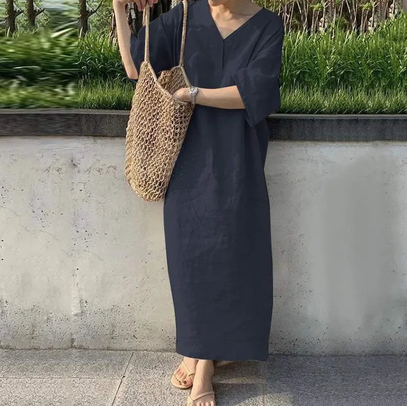 Women V Neck Button Short Sleeve Loose Maxi Dresses Summer Casual Female Holiday Beachwear Solid Color Cotton Linen Party Dress