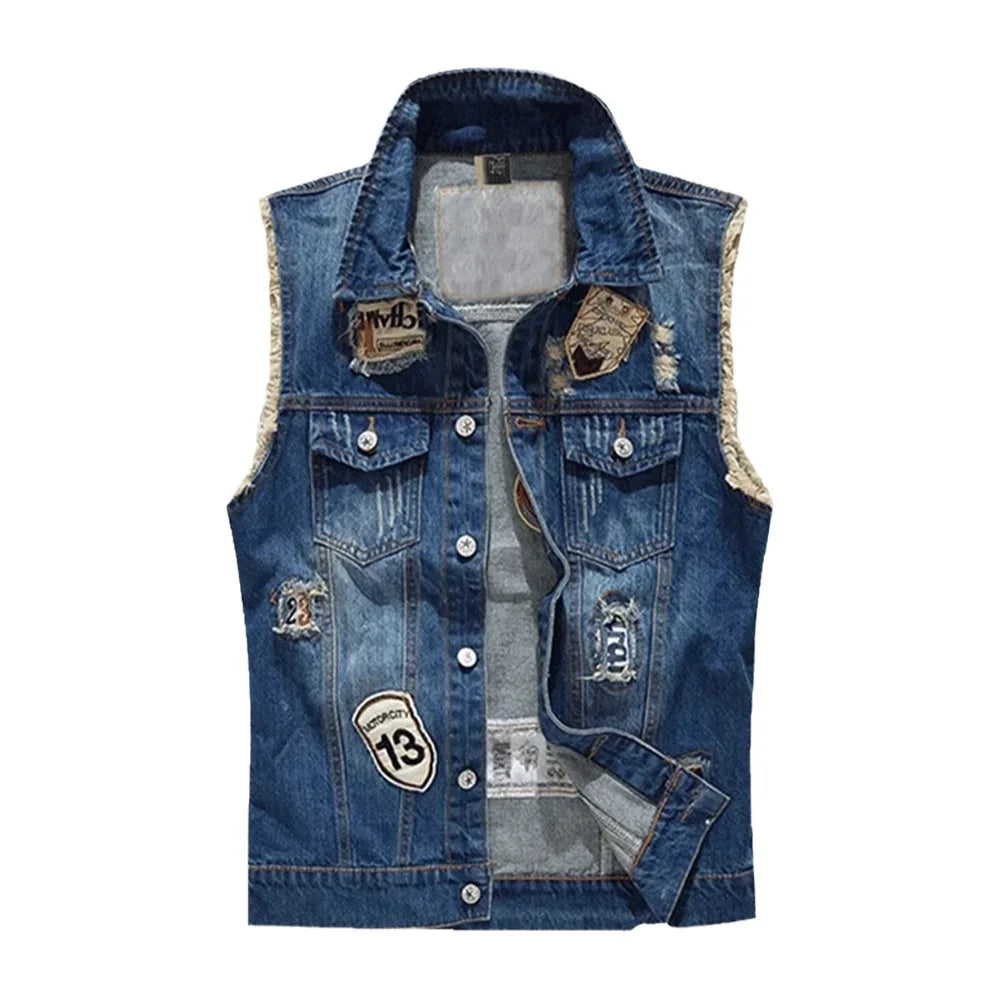 Spring Summer Men's Denim Vest Fashion Male Hip Hop Patch Hole Waistcoats Male Night Club Party Jeans Sleeveless Jacket Clothing