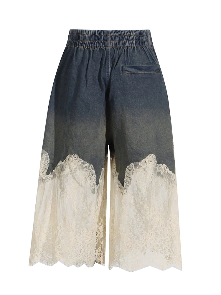 TWOTWINSTYLE Patchwork Lace Two Piece Set For Women V Neck Sleeveless Tops High Waist Loose Pant Slimming Denim Sets Female New