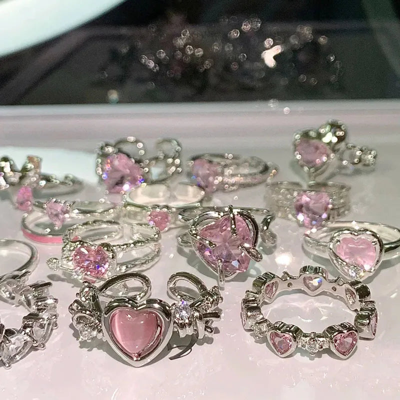 Adjustable Crystal Rings Y2K Pink Irregular Geometry Vintage Bowknot Heart Ring Set for Women Girl 2023 New Fashion Jewelry Gift
