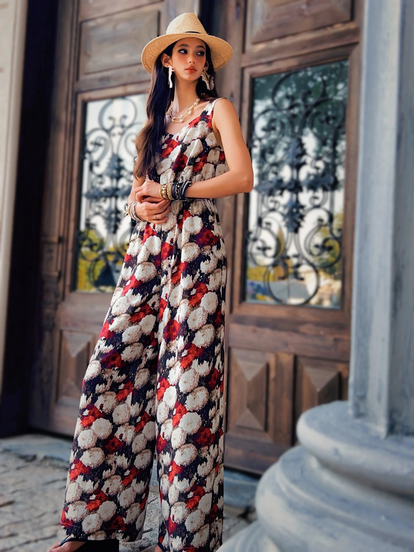 Summer Print Tencel Jumpsuits Women's Clothing Tank Spaghetti Strap+Wide-Leg Pants Draped Full Length Y2K DABUWAWA DM2BJP005