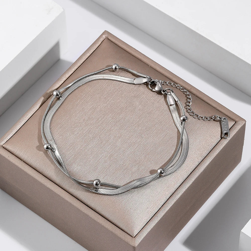 316L Stainless Steel Gold Color Double-Layer Anklets For Women Girl New Trend Leg Chain Waterproof Jewelry Gift Party