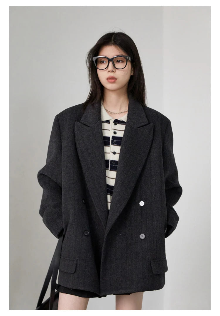 CHIC VEN Women Woolen Blazer Loose Vintage V Neck Female Jacket Suit Double Breasted Office Ladies Coat Spring Autumn 2025