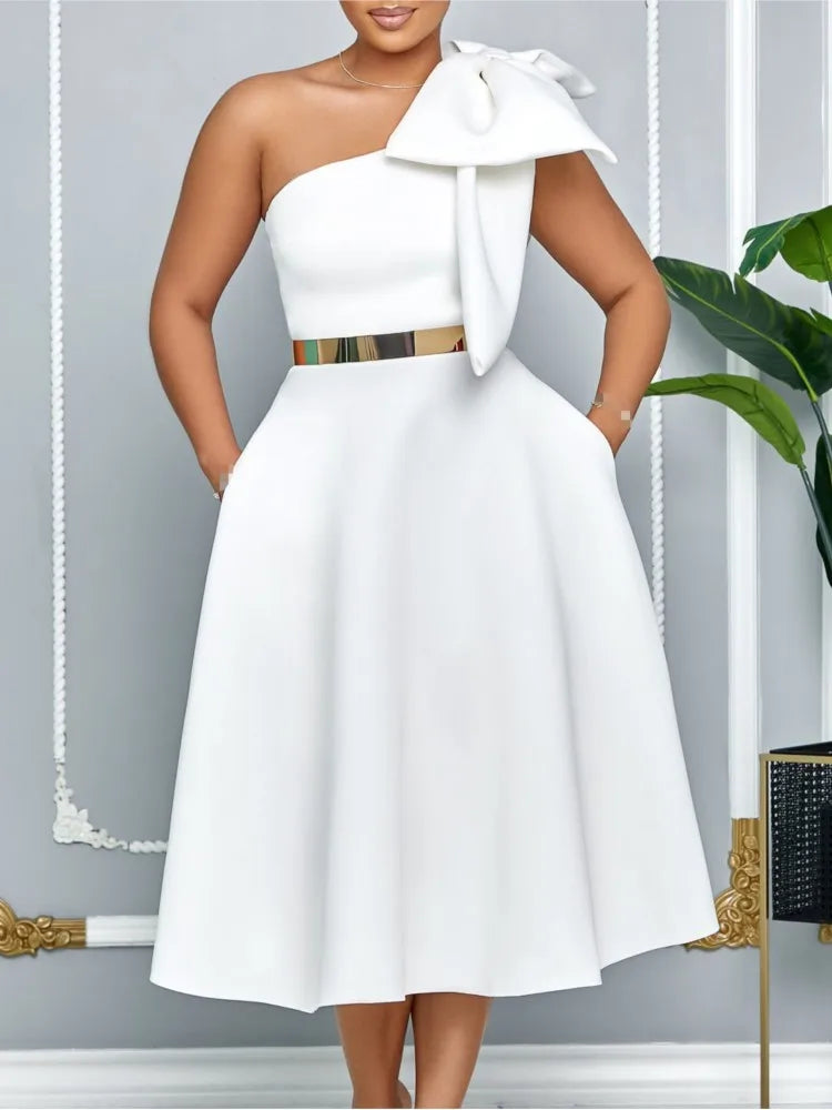 French One Shoulder A Line Pleated Birthday Party Dresses Women Bow Sleeveless Belt Large Skirt Elegant Women's Party Dress