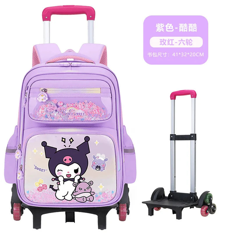 New Kuromi 2-Wheel Trolley School Bag Girls Cartoon Melody Backpack Load-Reducing Large Capacity 6-Wheel Trolley Backpack