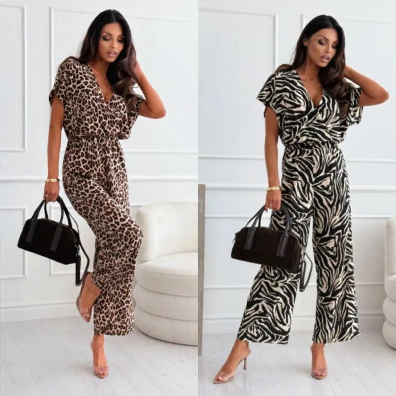 Summer Fashion Leopard Print Jumpsuit For Women Elegant Deep V-neck Rompers Office Overalls Casual Jumpsuits Streetwear Female