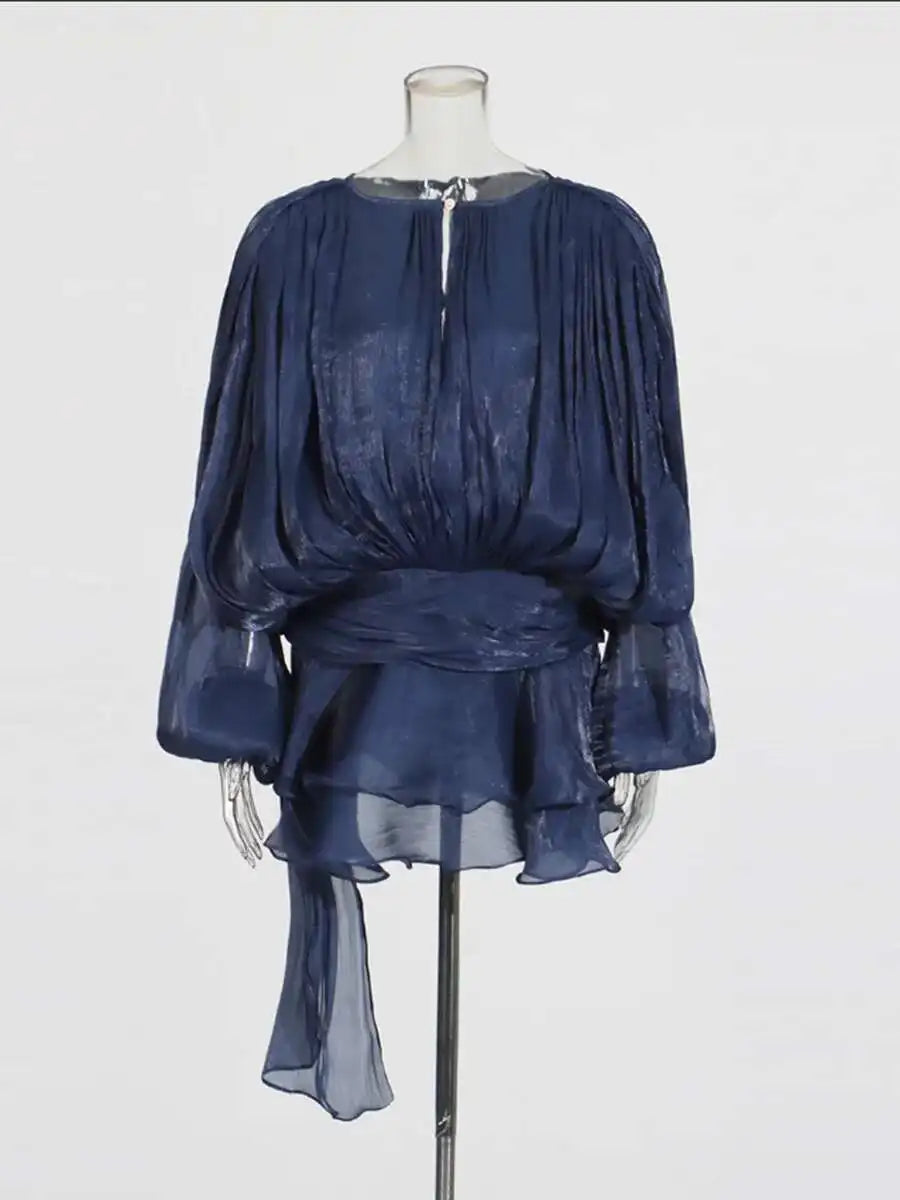TWOTWINSTYLE Solid Blouse Mini Dresses For Women V Neck Long Sleeve Spliced Lace Up Sweet Style Dress Female Clothing Fashion