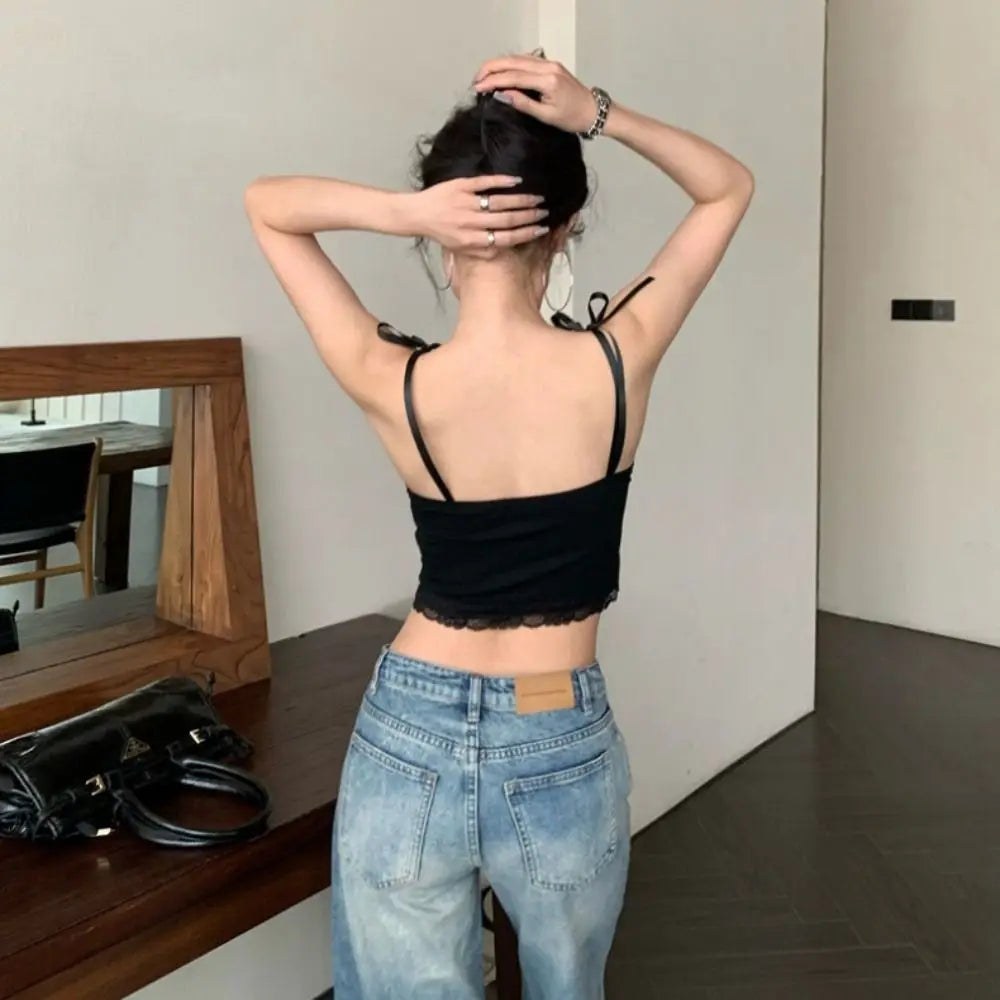 Sensually Innocent Style Ribbon Lace Camisole Slim Fit Ballet Summer Tube Top with Breast Pad INS Hip Hop Short Tank Women Girl