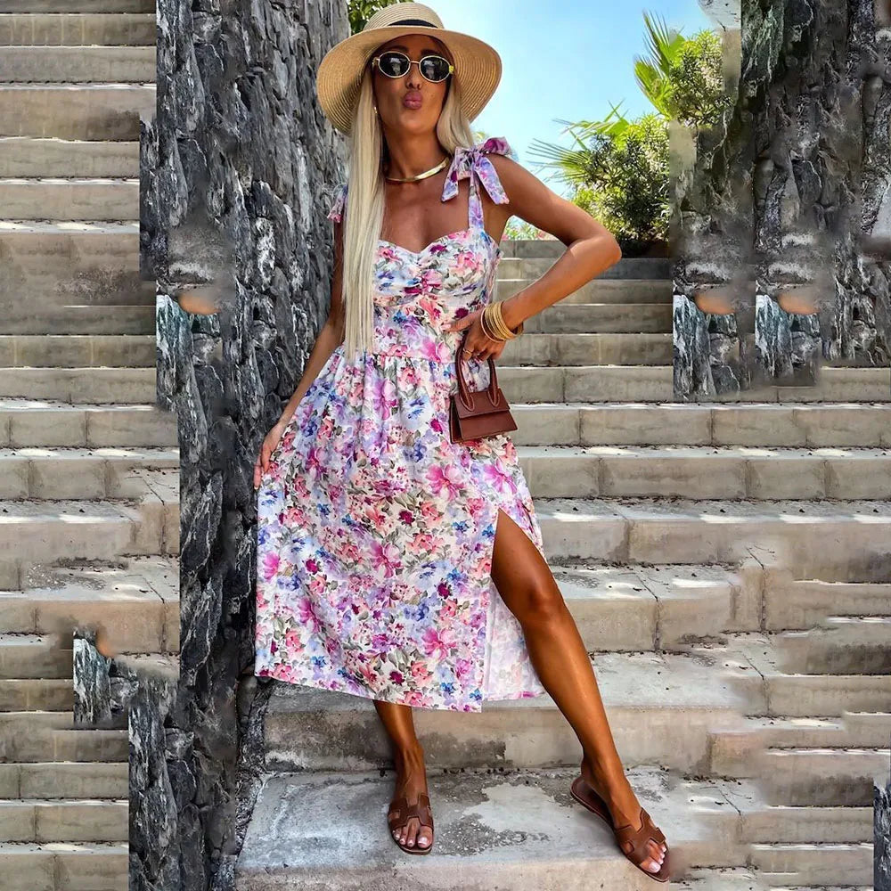 Summer Sexy Strap Midi Party Dresses Women 2024 Fashion Sleeveless Backless Print Slim White Dress Vacation Sundress Elegant