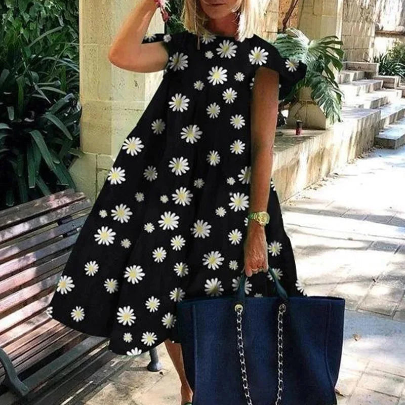 Summer Fashion Boho Print Dress Lady Casual O-Neck Pullover Ruffles Short Sleeve Loose Dresses For Women Holiday Beach Dress New