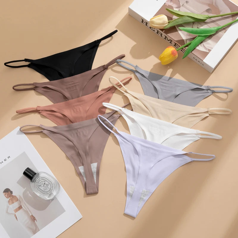 Women's Sexy Lightweight Ice Silk Seamless Knit Thong with Thin Straps - No Show Panty Underwear Lingerie Intimate Apparel