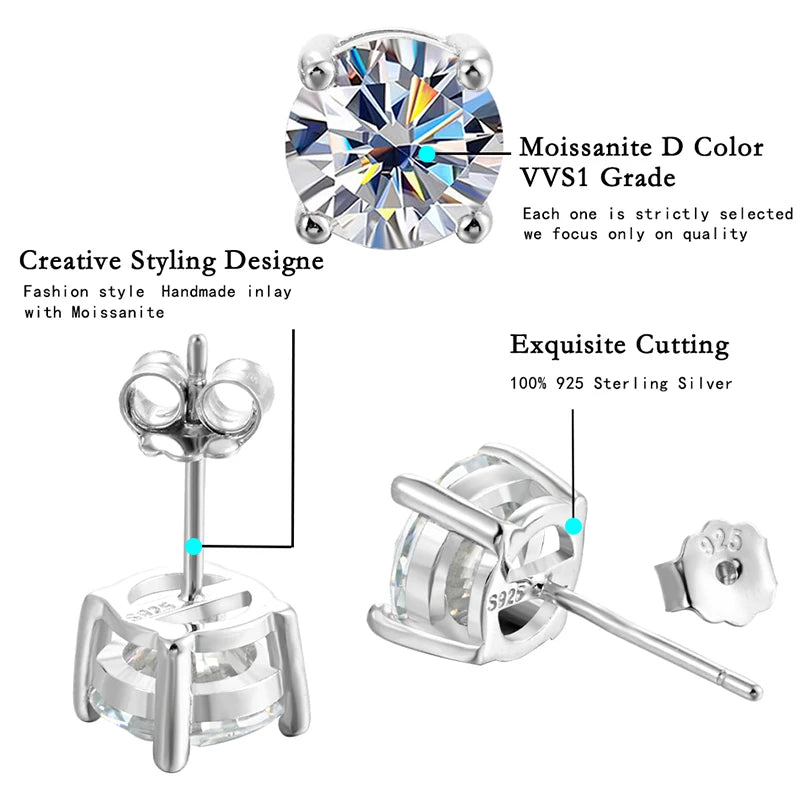 ALIZERO 2.0ct 8mm D Color Moissanite Earrings For Women Lab Grown Diamond Ear Studs 100% 925 Sterling Silver Fine Jewelry