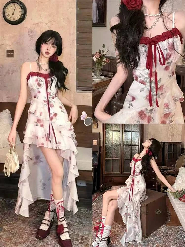 Sweet Print Slim Camisole Summer High Street Coquette Asymmetrical Tees New American Style Sexy Gyaru Halter Top Women Design