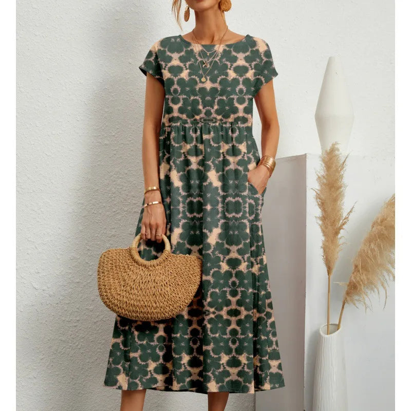 Fashion Women's Cotton and Linen Dress, Round Neck Printed Short Sleeved A-line Maxi Skirt, Unique Floral Long Dresses Vestidos