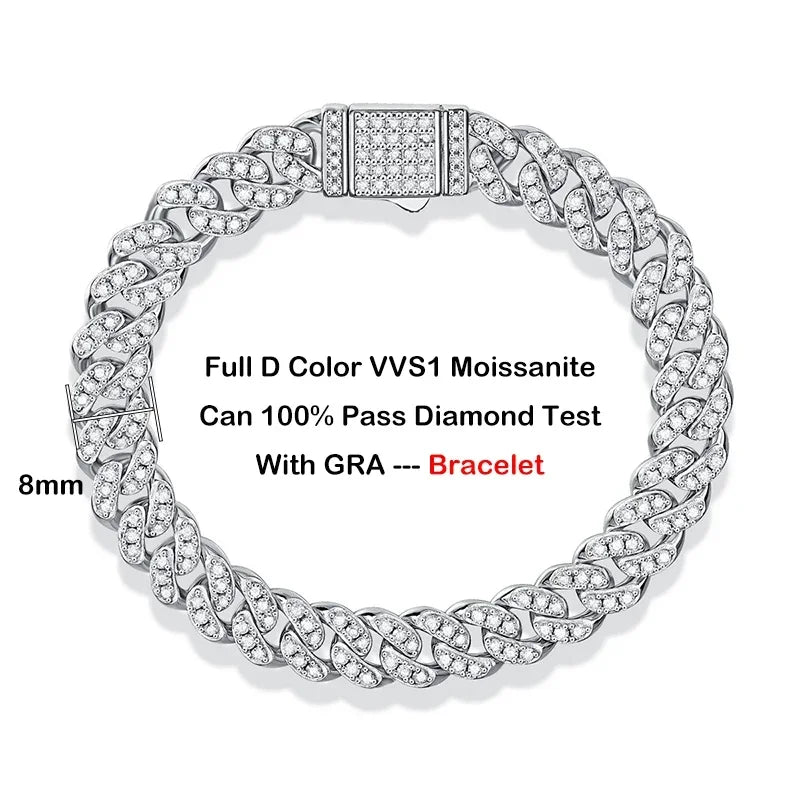 EWYA フルモアサナイト キューバンネックチェーン ネックレス メンズ レディース 8mm S925 シルバープレート 18K ヒップホップ パスダイヤモンドテスト リンクネックレス