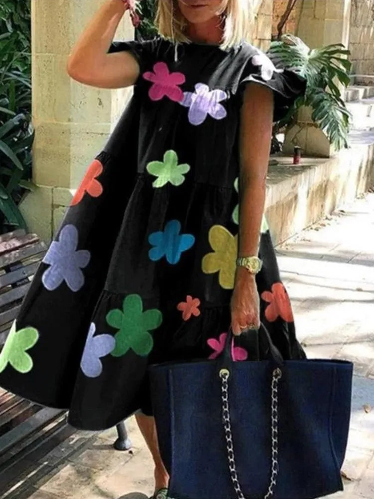 Summer Fashion Boho Print Dress Lady Casual O-Neck Pullover Ruffles Short Sleeve Loose Dresses For Women Holiday Beach Dress New