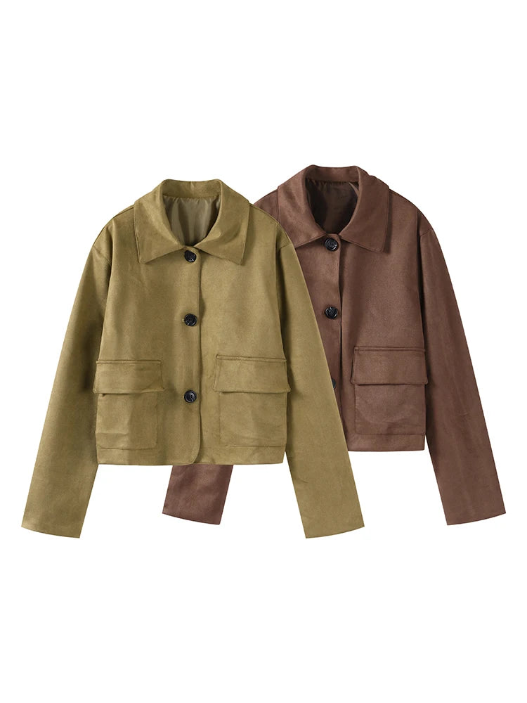 Retro Suede Jackets Women Elegant Single Breasted Lapel Brown Coats Female 2024 Autumn Winter Fashion Soft Pocket Outwears Lady