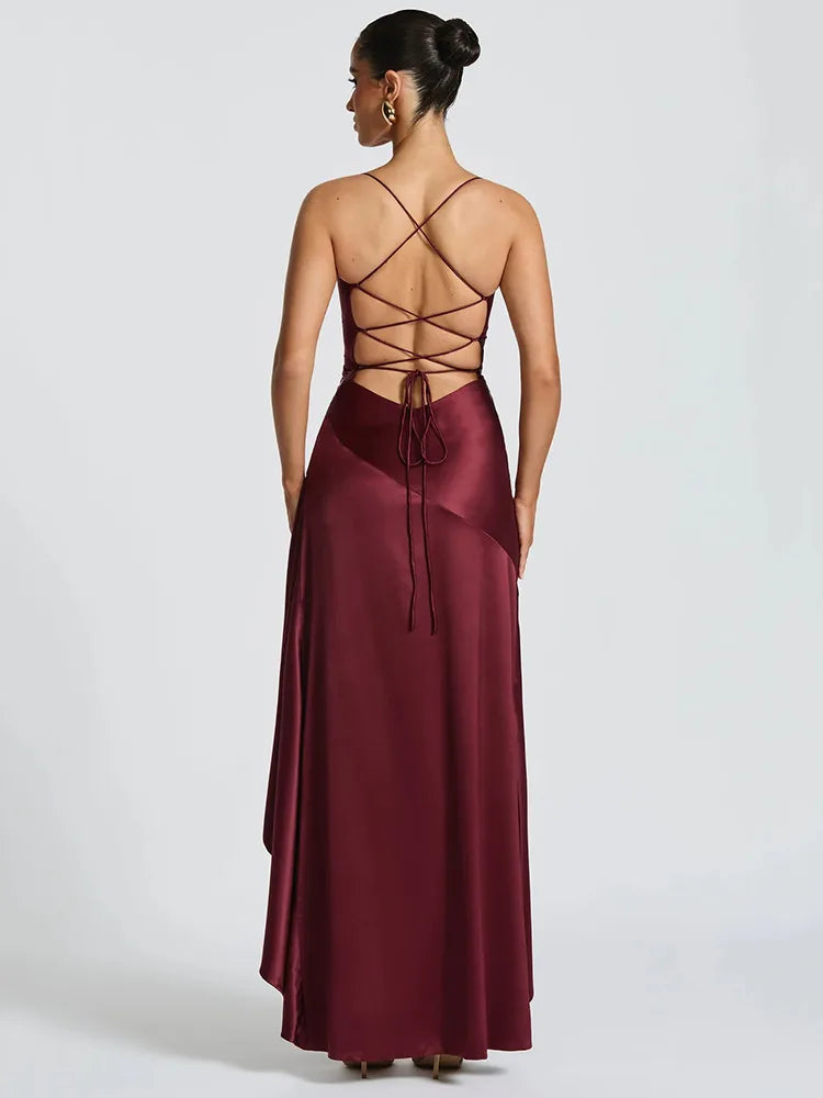 Articat Elegant Spaghetti Strap Satin Split Maxi Dress Women Sexy Backless Bodycon Party Evening Dress Summer Holiday Beachwear