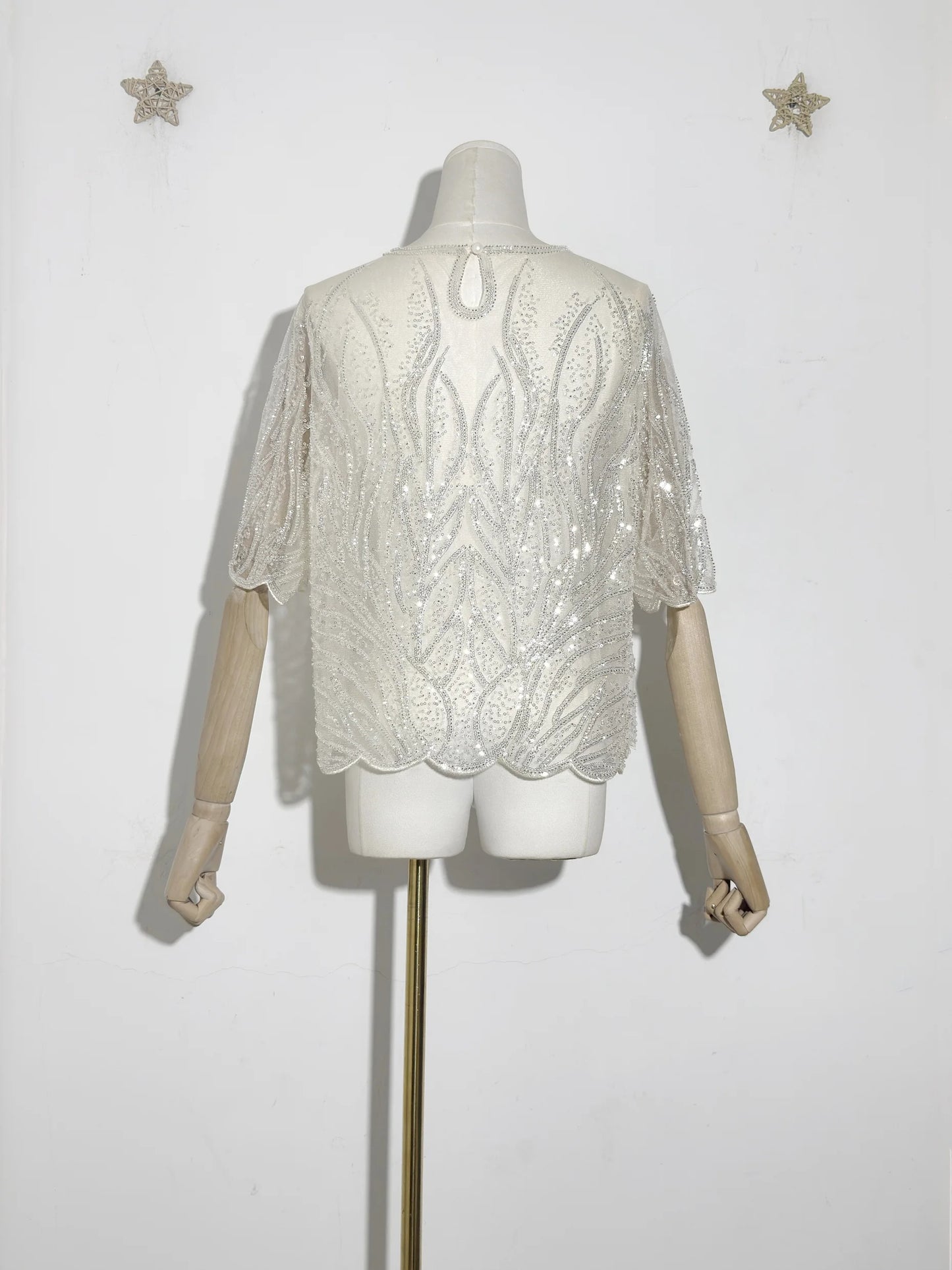 Gorgeous Sequin Beaded Women New Exquisite Sequin Heavry Embroidered Mesh O-Neck Halft Sleeves Blouse Mesh Top Pullover Shirt