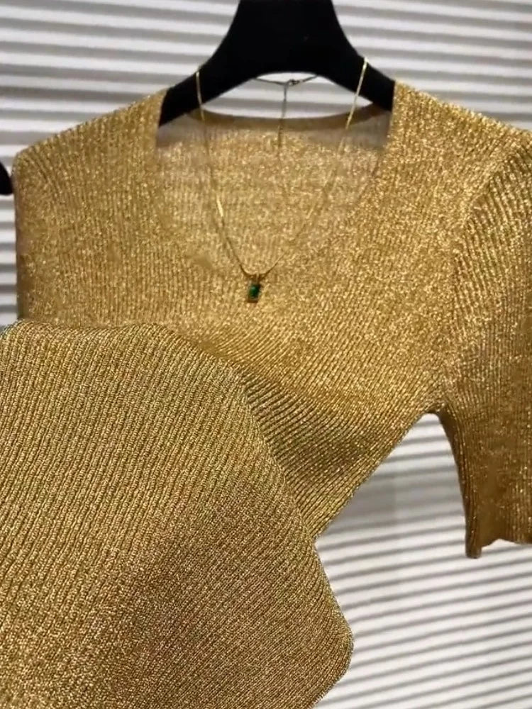 Gold Short-sleeved T-shirt for Women 2025 Summer New Style Chic Slim Ice Silk Knitted Top