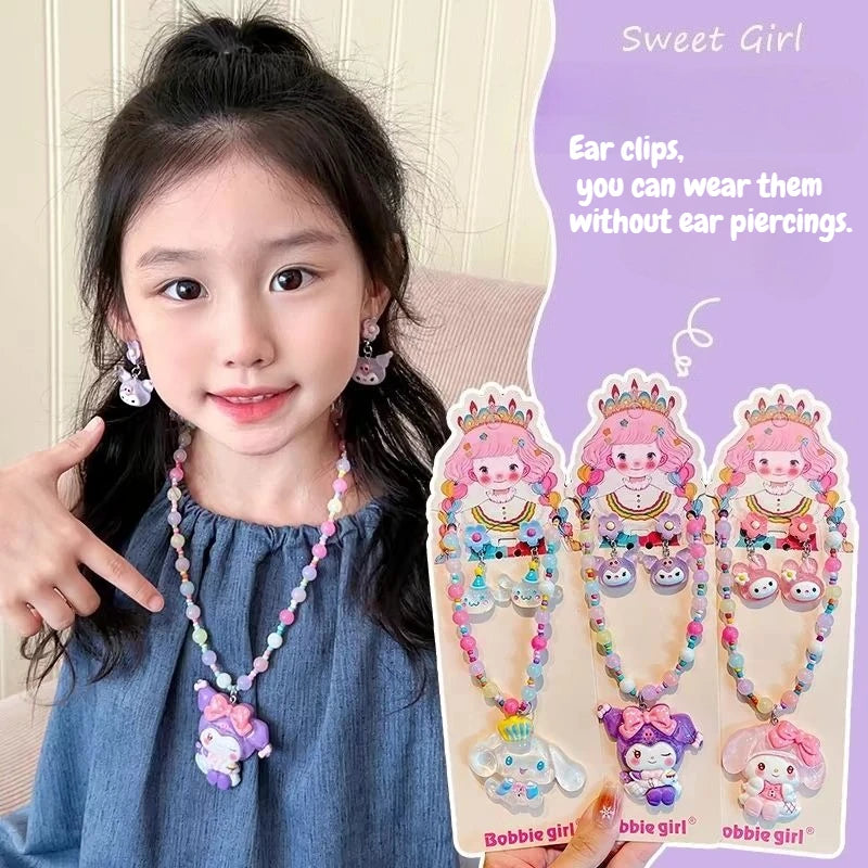 Kawaii Sanrio Beaded Necklace Girls Jewelry Ear Clip Set Kuromi Cinnamoroll Pierced Baby Princess Jewelry Melody Gifts