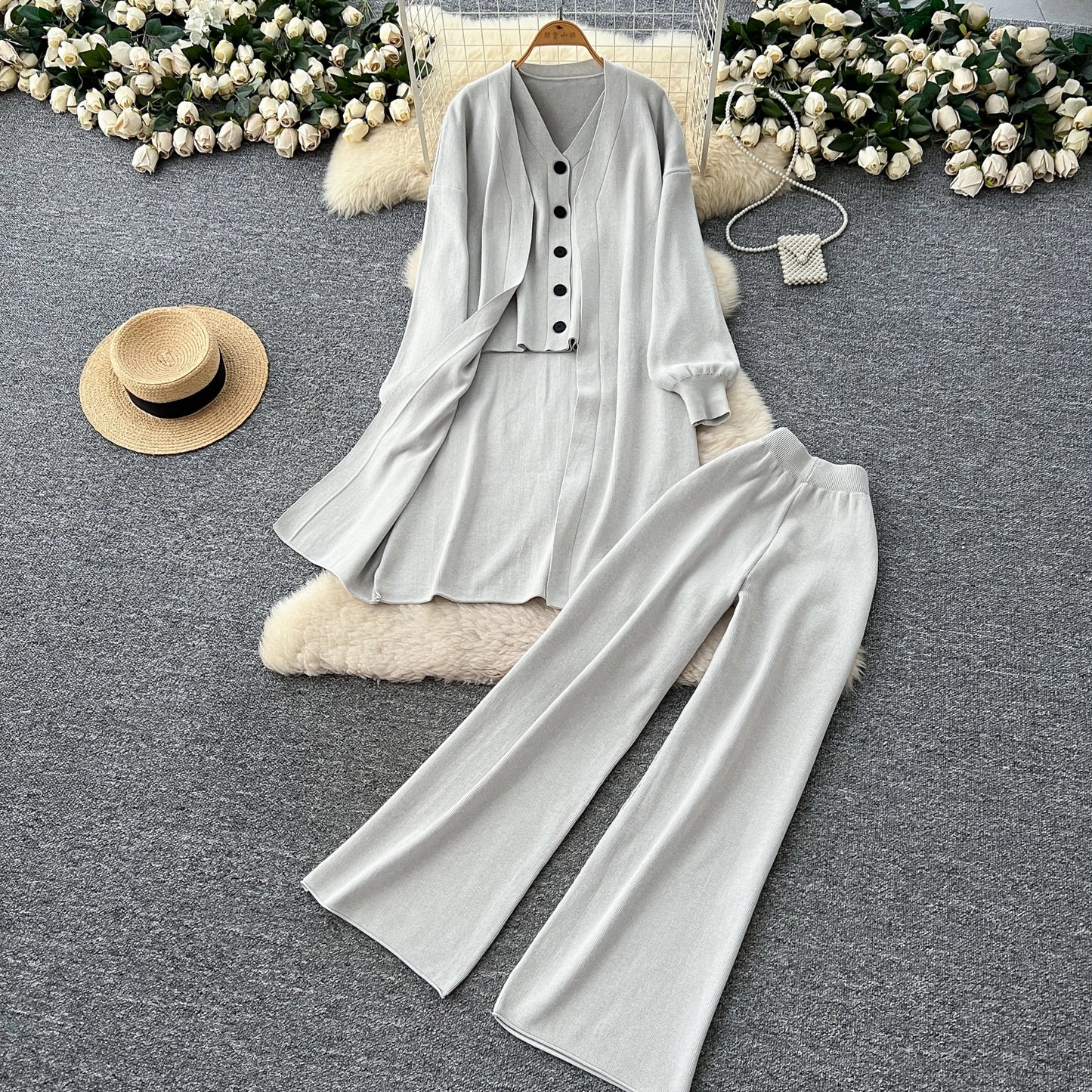 SINGREINY Autumn Knitted Warm Suits V Neck Buttons Vest+Full Sleeve Long Cardigans+Wide Legs Pants Women Solid Three Pieces Sets