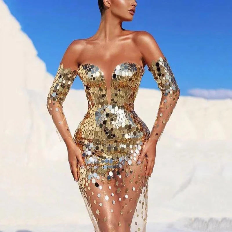 Sexy Dresses for Women One-shoulder Birthday Party Evening Dress Female Long Sleeve Gothic Sequins Elegant Ladies Clothes Dress