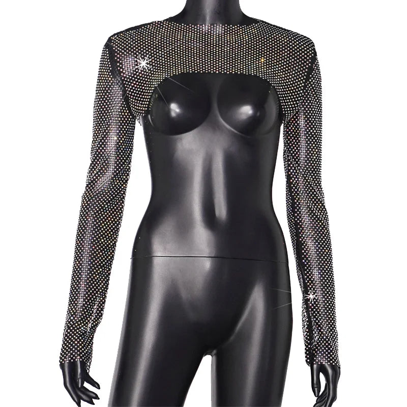 Handmade Women's Glitter Diamante Crop Top Sexy Hollow out Design Black Shining Tube Vest Short Tank Clubwear with Diamonds
