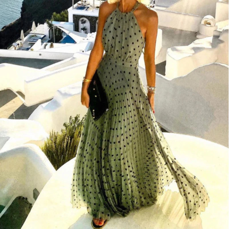 Polka Dot Print Pleated Maxi Dress Women Bohemian Sundress Summer Halter Backless High Waist Loose Party Dresses Long Elegant