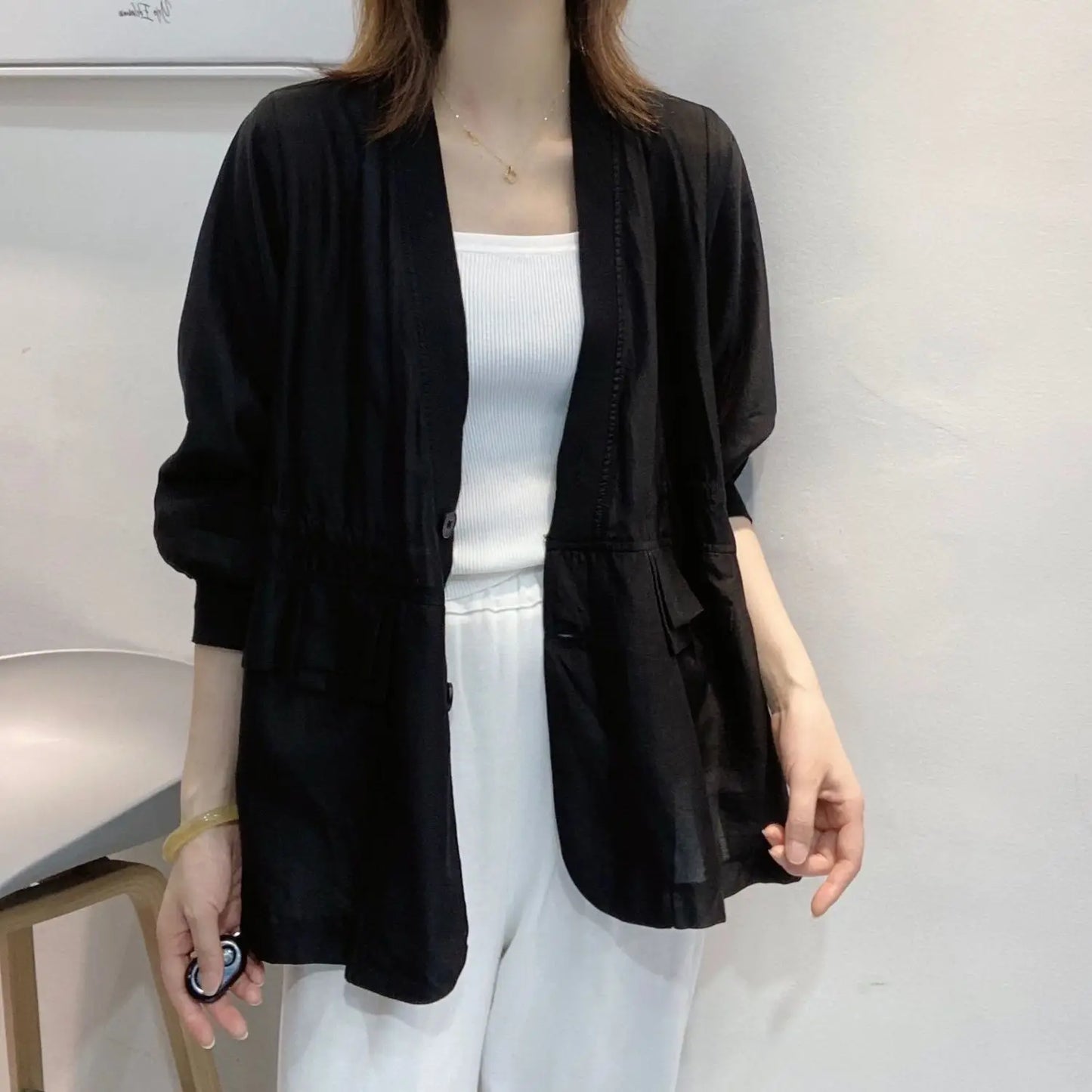 Plus Size Waist Tie V-neck Black Blazer Women Summer Cardigan Sunscreen White Jacket Korean Fashion Casual Pocket Outerwear New