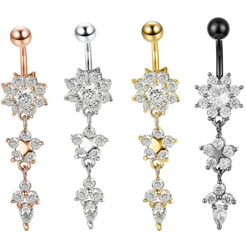 Alloy Zircon Navel Nail Ring Crystal Bar Barbell Drop Flower Dangle Body Piercing Belly Button Rings Men Women Body Jewelry Gift