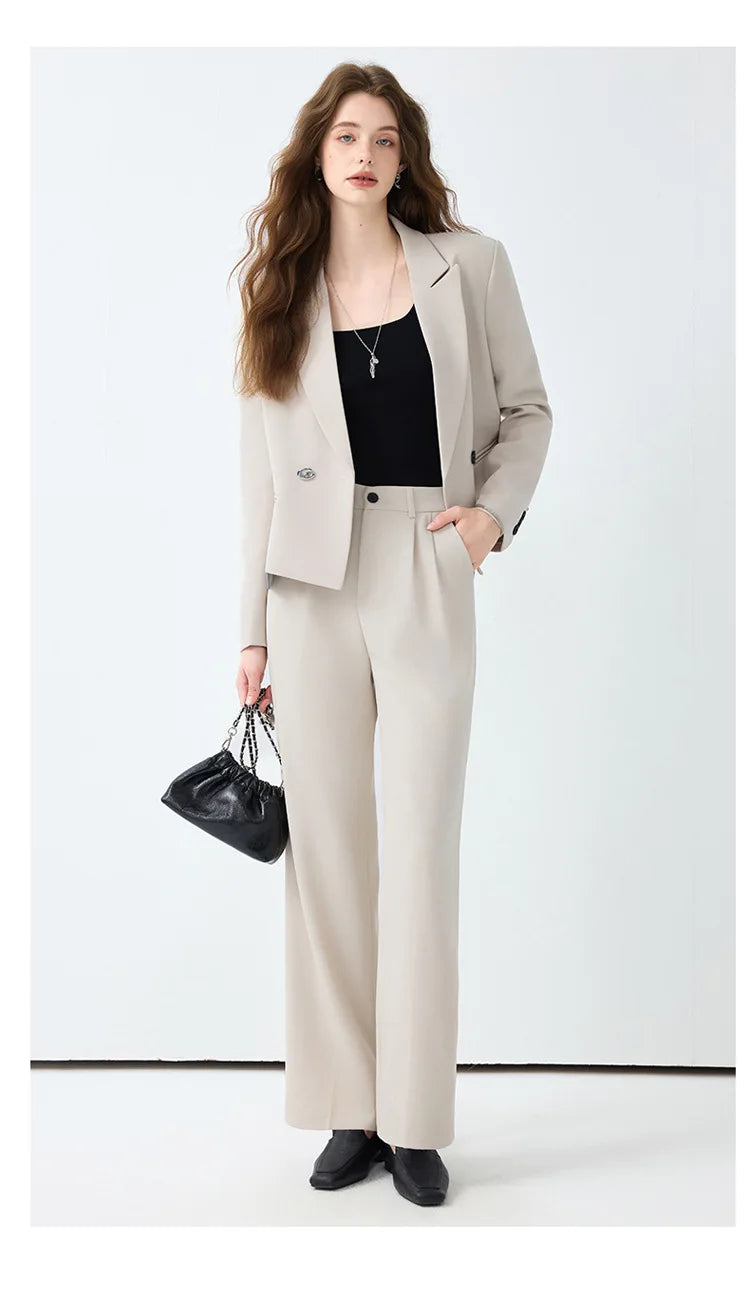 Solid Suits for Women 2025 Spring Fashion Office Ladies Long Sleeve Double Breasted Short Tops Chic Cargo Pant Suits