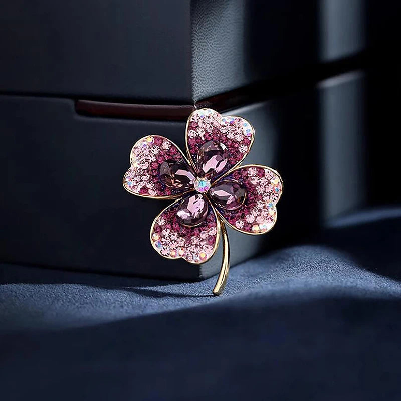 Fashion Rhinestone Clover Brooches Women Clothing Coat Jewelry Party Accessories