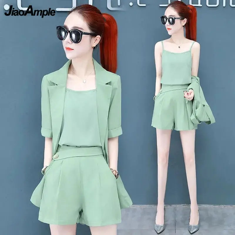 2025 Summer New Suit Vest Shorts Three-piece Women's Elegant Professional Wear Korean Fashion Slim Blazers Suspenders Pants Set