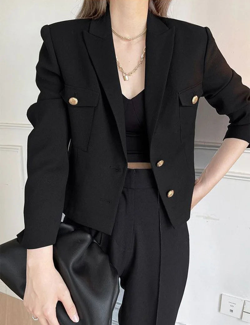 Zoki Casual Black Blazer Coats Women Fashion Slim Long Sleeve Elegant Short Jackets Fall Korean Double Buttons Office Lady Tops