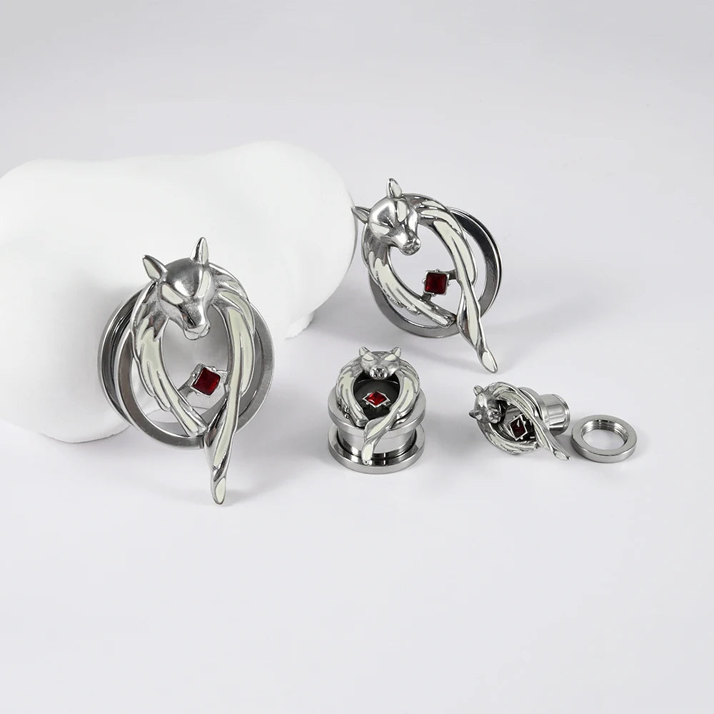 1PC Stainles Steel Luminous Wolf Head Red CZ Ear Plugs Expanders Screw Ear Gauge Earring Gauges Stretchers Body Piercing Jewelry