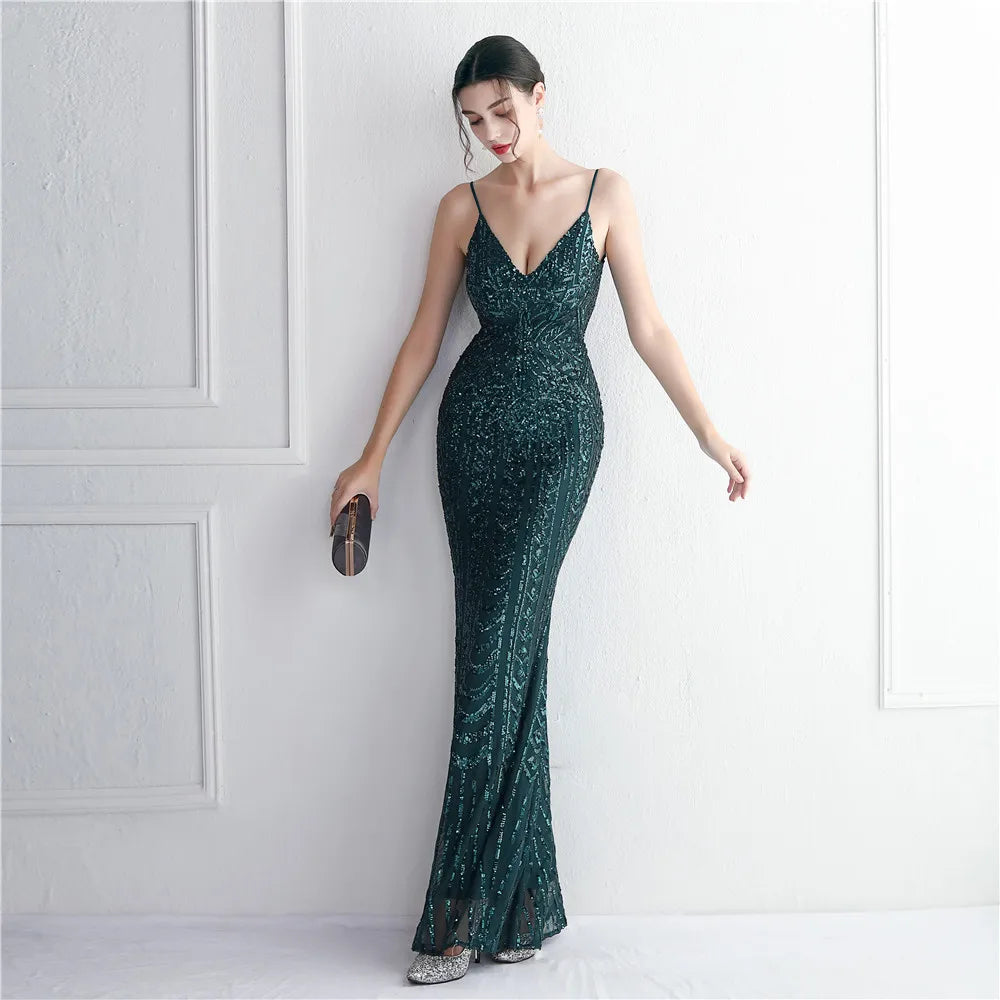 Women's Black Long Sleeve Padded Strap Sequin Dress Length, Sparkles Stretch, V Neck Mermaid, Formal Evening Dress, Night Party