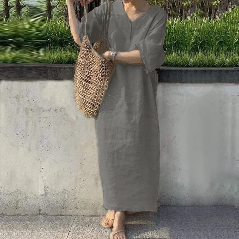 Women V Neck Button Short Sleeve Loose Maxi Dresses Summer Casual Female Holiday Beachwear Solid Color Cotton Linen Party Dress