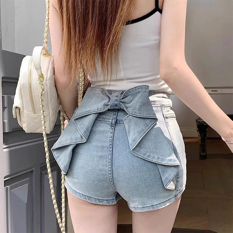 Women's Sexy Denim Shorts Y2K Petite High Waisted Hip Lifting Shorts with Personality 3D Bow Detail Slim Summer Hot Pants