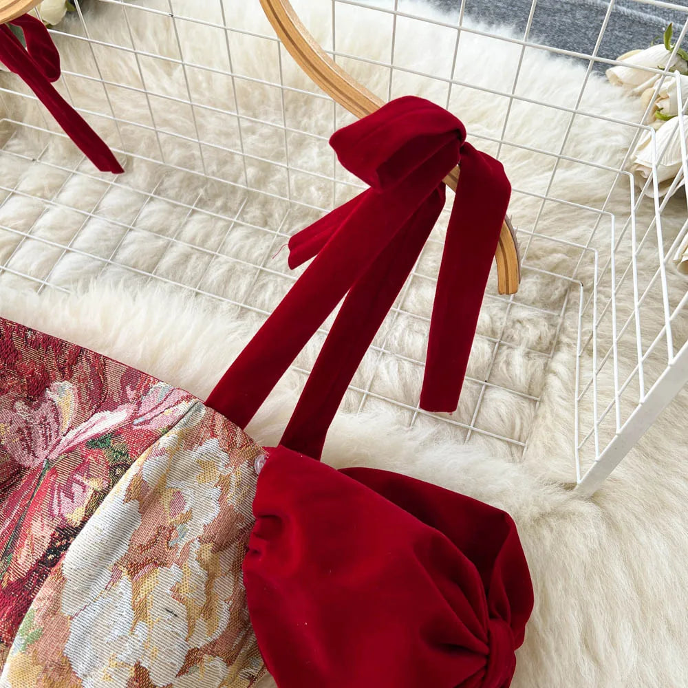France Vintage Bow Mesh Wedding Runway Party Dresses Women Summer Fashion Elegant Strap Graduation Evening Vestidos Ladies Robe
