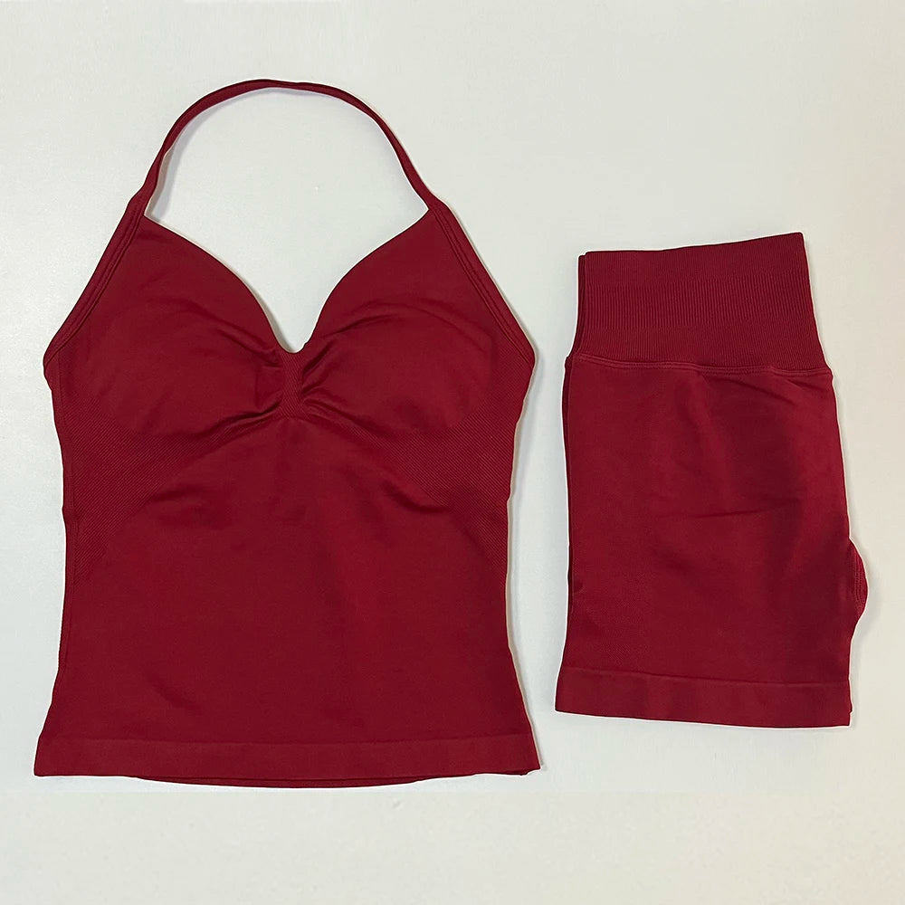 2pcs Gym Set Women Backless Tank Top and Scrunch Seamless Yoga Shorts Suits Fitness Yoga Set Activewear Workout Sets Sports Suit
