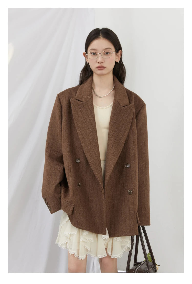 CHIC VEN Women Woolen Blazer Loose Vintage V Neck Female Jacket Suit Double Breasted Office Ladies Coat Spring Autumn 2025