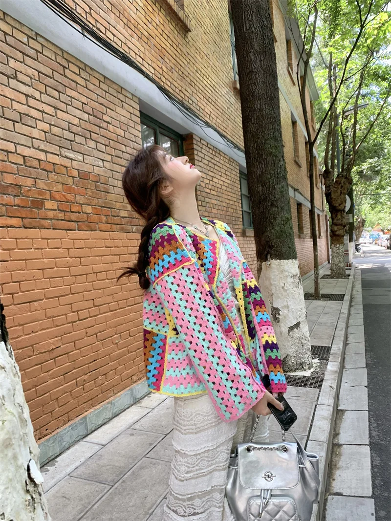 SALIENCY Colorful Crochet Knit Hollow Cardigan Sweater Jacket Women Spring Top Loose Short Knitwear